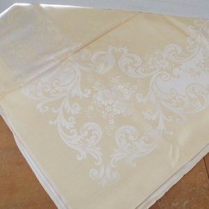 Vintage Japan Kureha Damask Yellow Tablecloth 81" X 60" and 8 Napkins